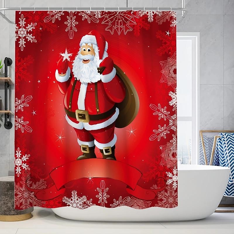Bathroom Red Santa Claus Shower Curtain, Christmas Holiday Winter Bathroom Decor Toilet Lid Mat, Non-Slip Bathroom Rug, Toilet U-Shape Mat, Toilet Lid Cover Pad, With 12 Hooks, Christmas Decorations4