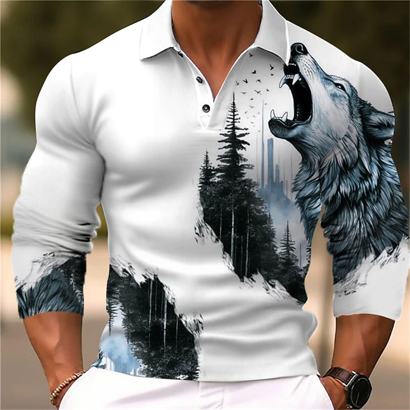 Men's Wolf Polo Shirts Golf Shirt Long Sleeve Polo Shirts Collared Shirts Casual Funny Vacation Wear Party Outfits 3D Print Buttons Fall & Winter Black Yellow Blue2