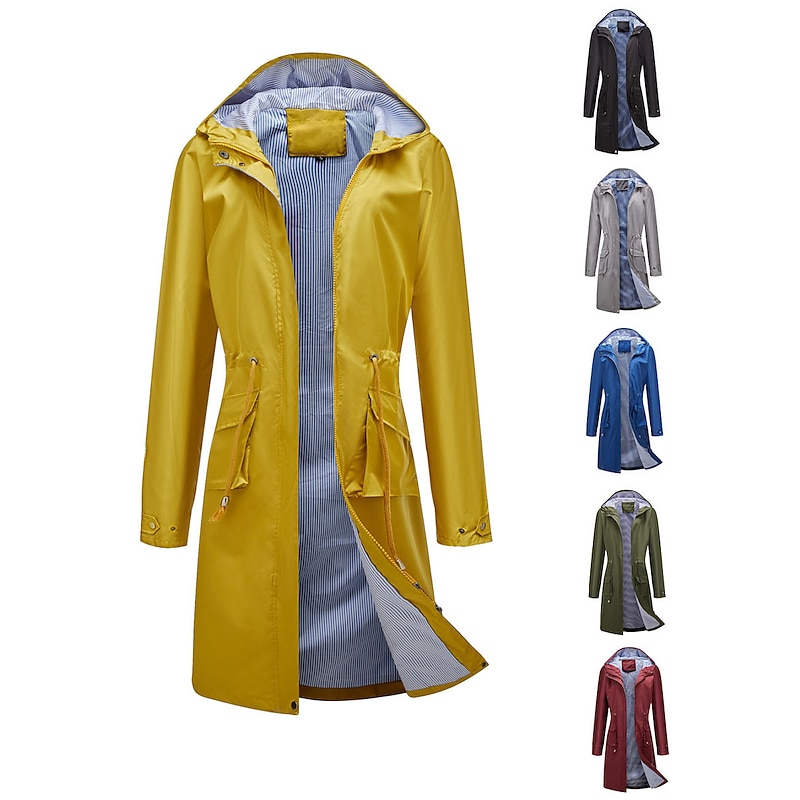 Women's Raincoat Waterproof Rain Jacket Mid-Length Windproof Trench Coat Sport Outdoor Hiking Hooded Jacket with Pockets Casual Jacket Long Sleeve Drawstring Winter Coat Warm Black Yellow