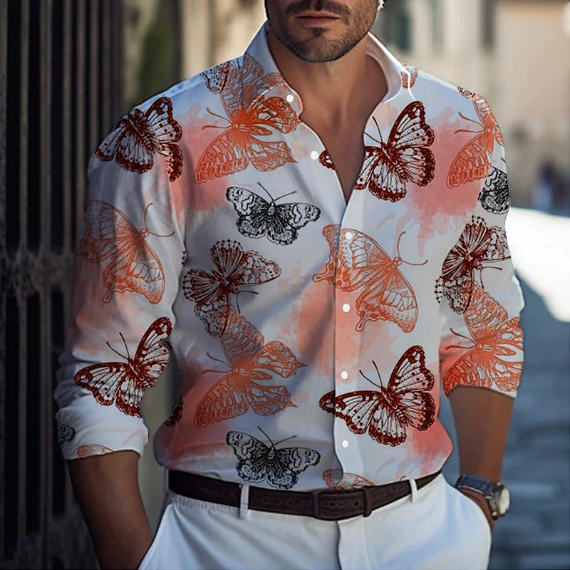 Men's Butterfly Shirt Long Sleeve Casual Daily Wear Going out Weekend Fall & Winter Turndown Print Button-Down White Blue Purple Orange Gray2