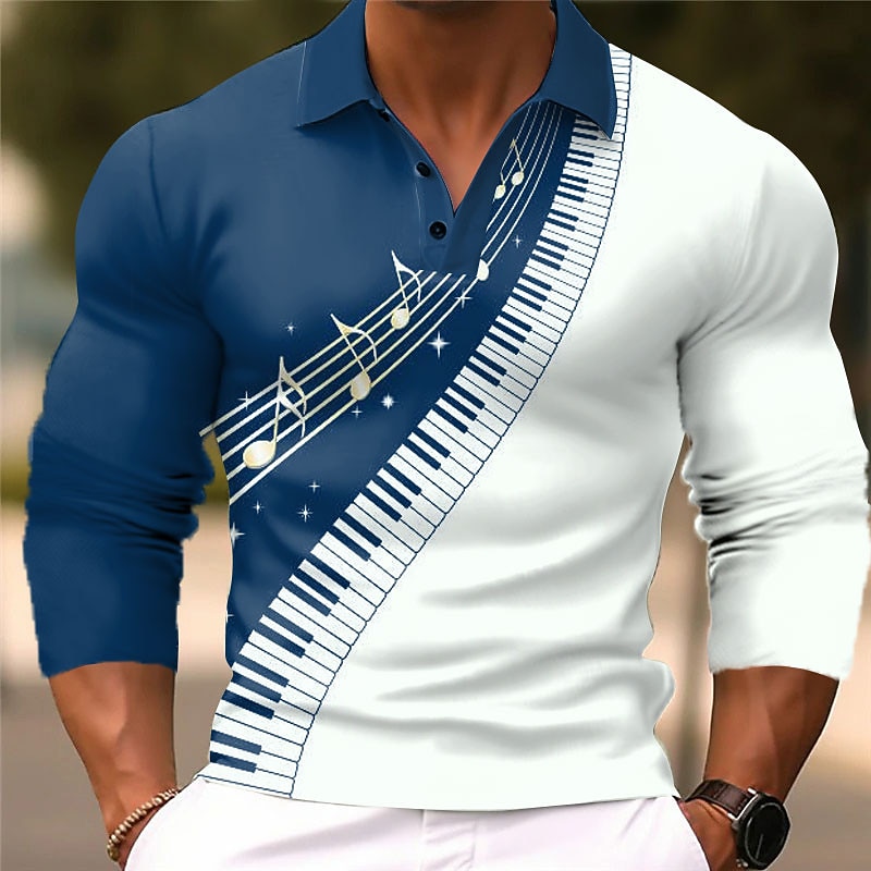 Music Festival Men's Music Polo Shirts Golf Shirt Long Sleeve Polo Shirts Collared Shirts Casual Vacation Wear Festival Wear Party Outfits 3D Print Buttons Fall & Winter Black White Wine2