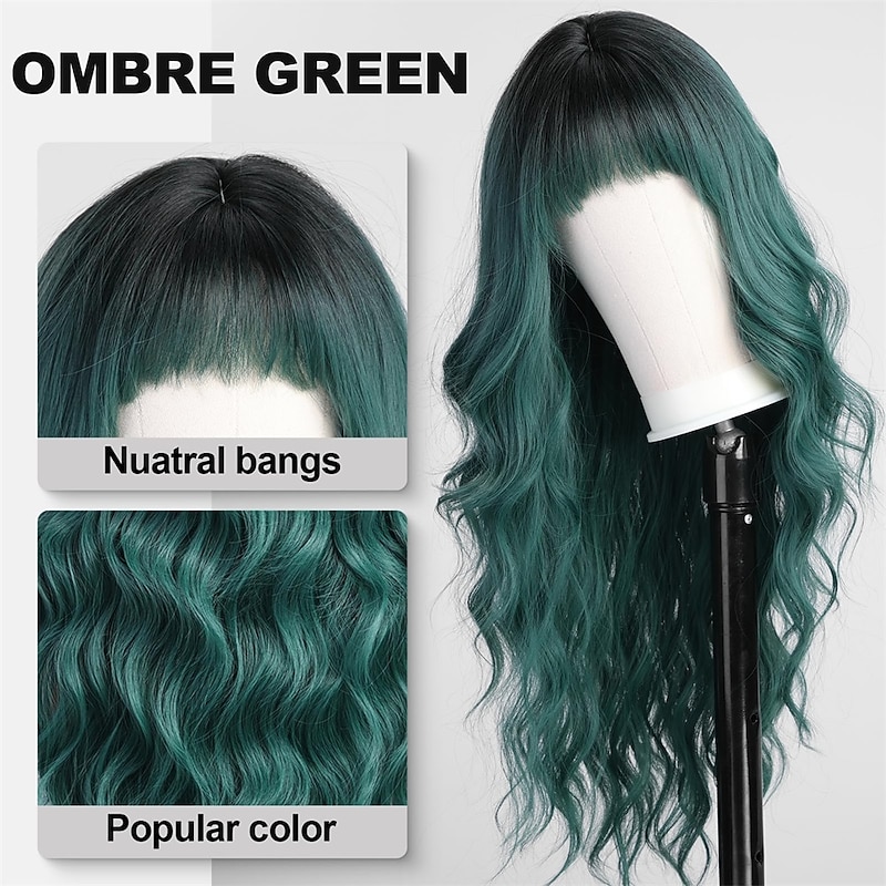 KOME Green Wigs with Bangs,Green Wig for Women Highlight Long Wavy Wig for Women,Long Curly Wigs Synthetic Hair Wig for Party Cosplay Daily Use Christmas Party Wigs2