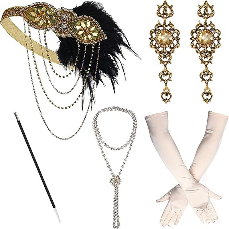 1920s Flapper Accessories Set Gatsby Costume Accessories 20s Flapper Headband Pearl Necklace Gloves Holder3