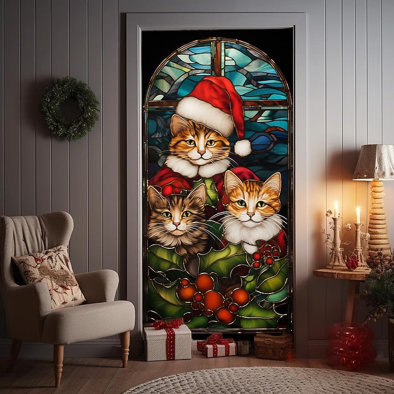 Christmas Door Decorations Stained Glass Cat Door Covers Door Tapestry Door Curtain Decoration Xmas Backdrop Door Banner for Front Door Holiday Party Decor Supplies