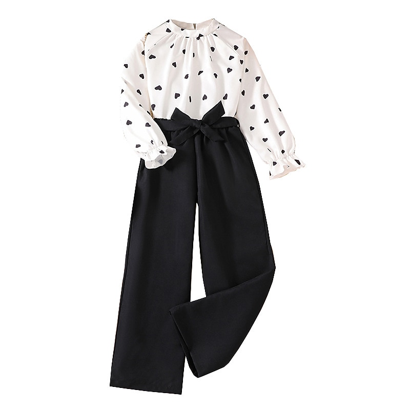 2 Pieces Kids Girls' Polka Dot Tie Knot Pants Suit Set Long Sleeve Active School 7-13 Years Spring White3