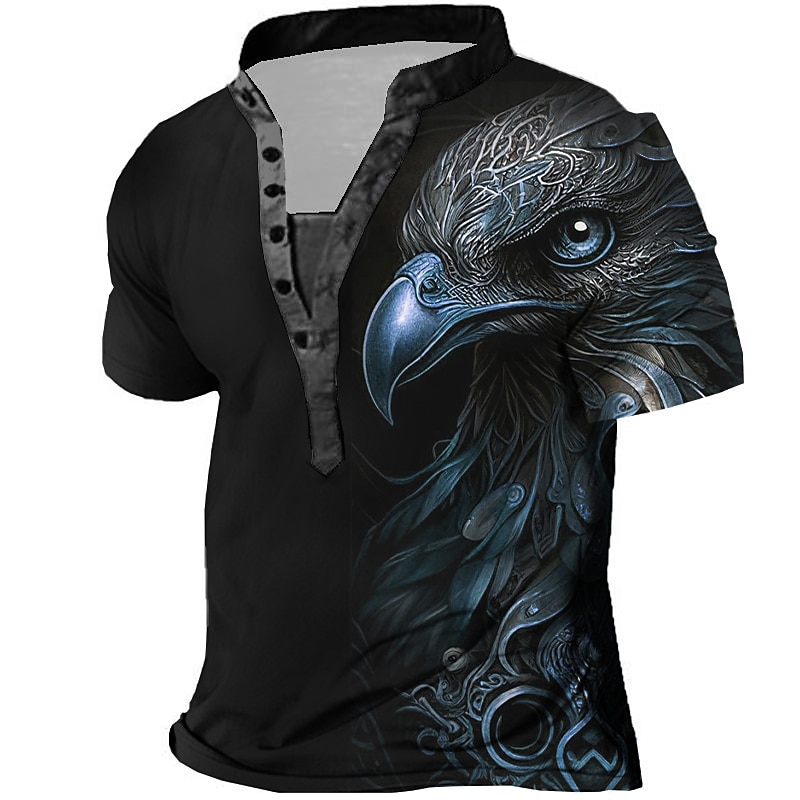Men's Graphic Animal Eagle Henley Shirt Vintage Shirt Short Sleeve 3D Print Fashion Designer Basic Outdoor Daily Summer Blue Brown Green Gray Stand Collar Henley T-Shirt2