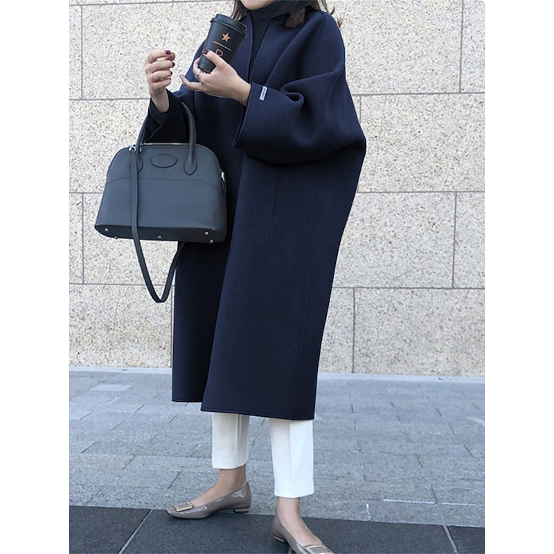 Women's Coat Warm Breathable Pocket Oversized Fashion OL Style Modern Street Style Solid Color Outdoor Street Shopping Daily Wear Cardigan Long Crewneck Regular Fit Long Sleeve Outerwear Navy Black4