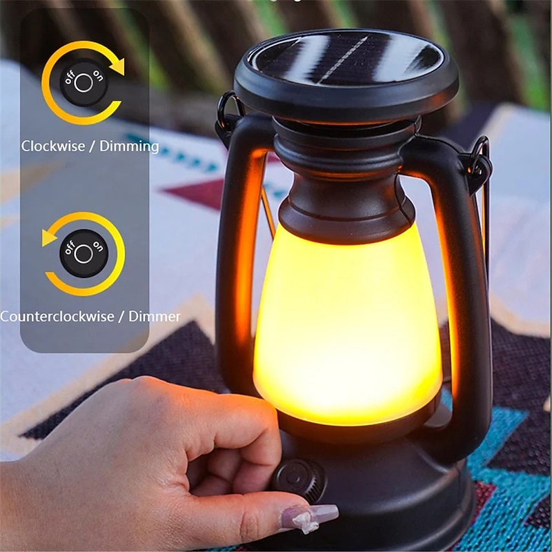 New Retro Lamp Tri-Color Led Stepless Dimming Light Source Portable Hanging Solar Charging USB Camping Outdoor Lighting 1PC4