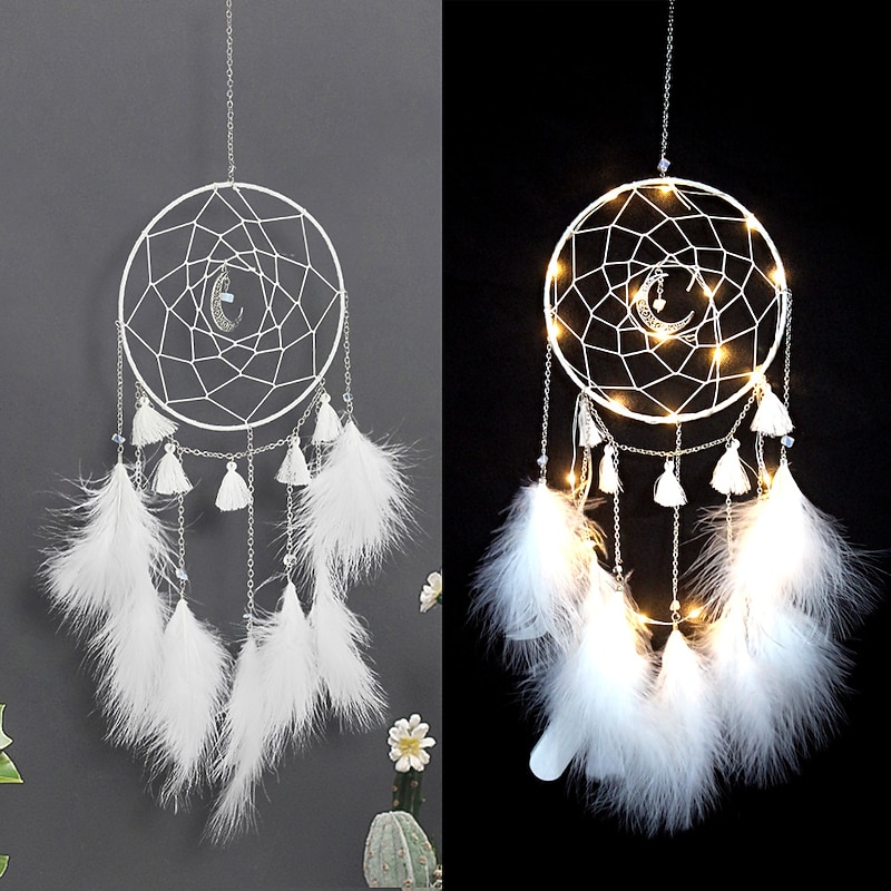 1pc Dream Catcher Handmade Gift Feather Hook Moon Pattern Wind Chime with One Circles Ornament Wall Hanging Decor Art Boho Style Without Light4