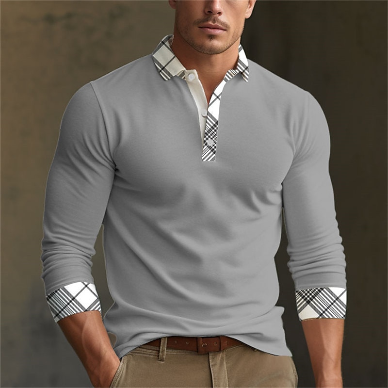 Kentucky Derby Men's Plaid Polo Shirts Golf Shirt Long Sleeve Polo Shirts Collared Shirts Business Casual WorkWear Formal Wear Festival Wear 3D Print Buttons Fall & Winter Black Wine Dark Navy