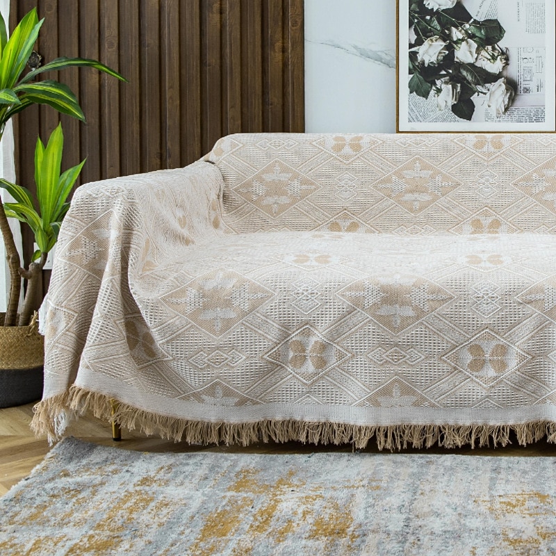 Sofa Couch Cover Cotton Sofa Slipcovers Sofa Towel Blanket Sofa Throws Covers for Cushion Couch, Couch Cover for Dogs Furniture Protector Cover with Tassel3