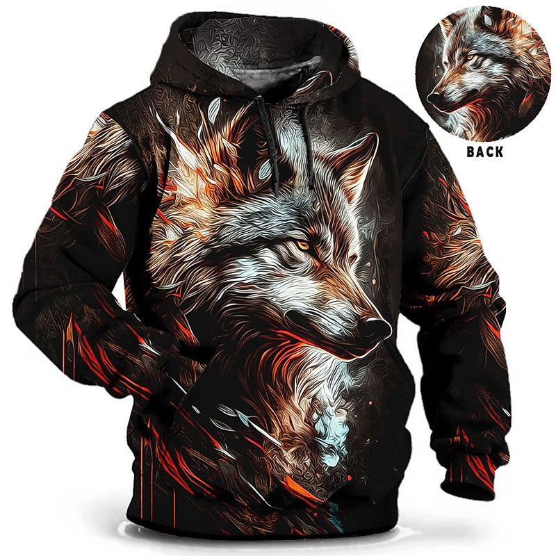 Men's Animal Wolf Graphic Prints Hoodie Hoodies Sweatshirt Daily Classic Long Sleeve Hooded Holiday Going out Streetwear Red Blue Print Spring &  Fall Designer