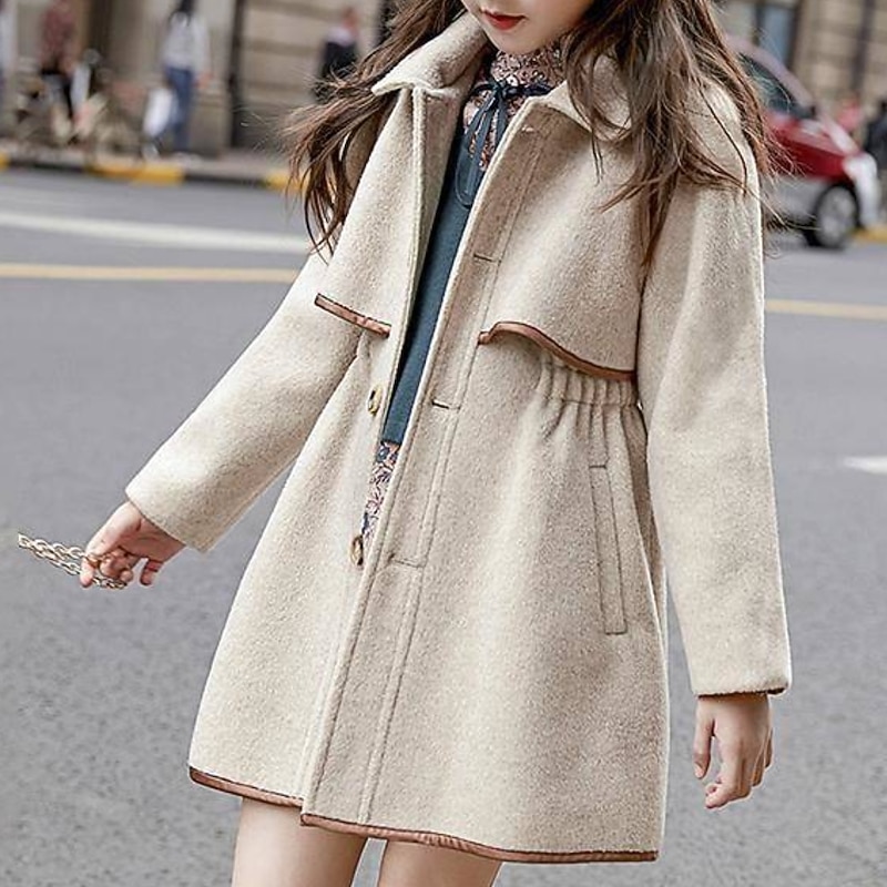 Kids Girls' Woolen Coat Long Sleeve off white Solid Color Spring Fall Active School 7-13 Years2