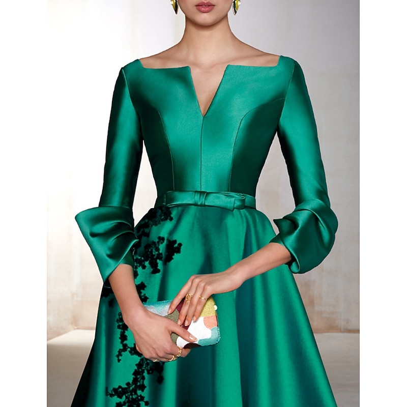 A-Line Cocktail Dresses Elegant Dress Wedding Wedding Guest Tea Length 3/4 Length Sleeve V Neck Satin with Bow(s) Appliques Dresses3