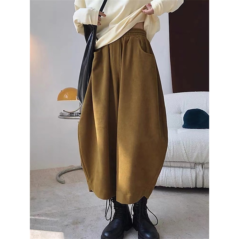 Women's Bloomers Cropped Pants Harem Pants Vacation Vintage Fashion Ankle-Length High Waist Solid Color Pocket Elastic Waist Breathable Comfortable Micro-elastic Outdoor Street Daily dark brown Black