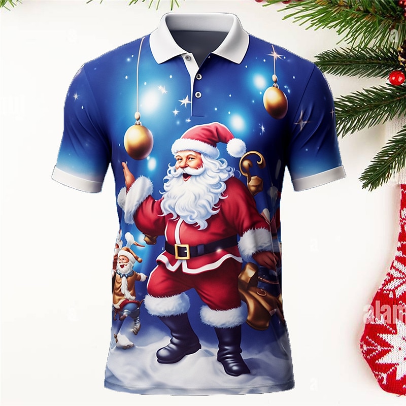 Christmas Men's Santa Claus 3D Polo Santa Claus Casual Print 3D Golf Outdoor Daily Wear Streetwear Polyester Short Sleeve Turndown Shirts Blue Purple Autumn / Fall S M L Lapel Polo3