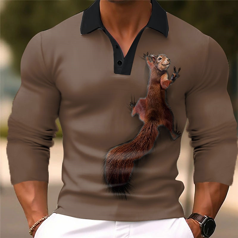 Men's Squirrel Polo Shirts Golf Shirt Long Sleeve Polo Shirts Collared Shirts Casual Funny Vacation Wear Party Outfits 3D Print Buttons Fall & Winter White Wine Brown3