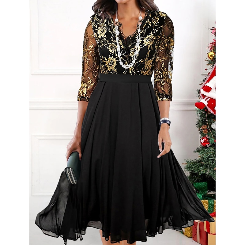 Women's Midi Dress Black Dress Lace Dress Party Dress Cocktail Dress Elegant Fashion Party Formal Vacation Wedding Guest Regular Fit Pure Color 3/4 Length Sleeve V Neck Black Spring Fall Winter Autumn2