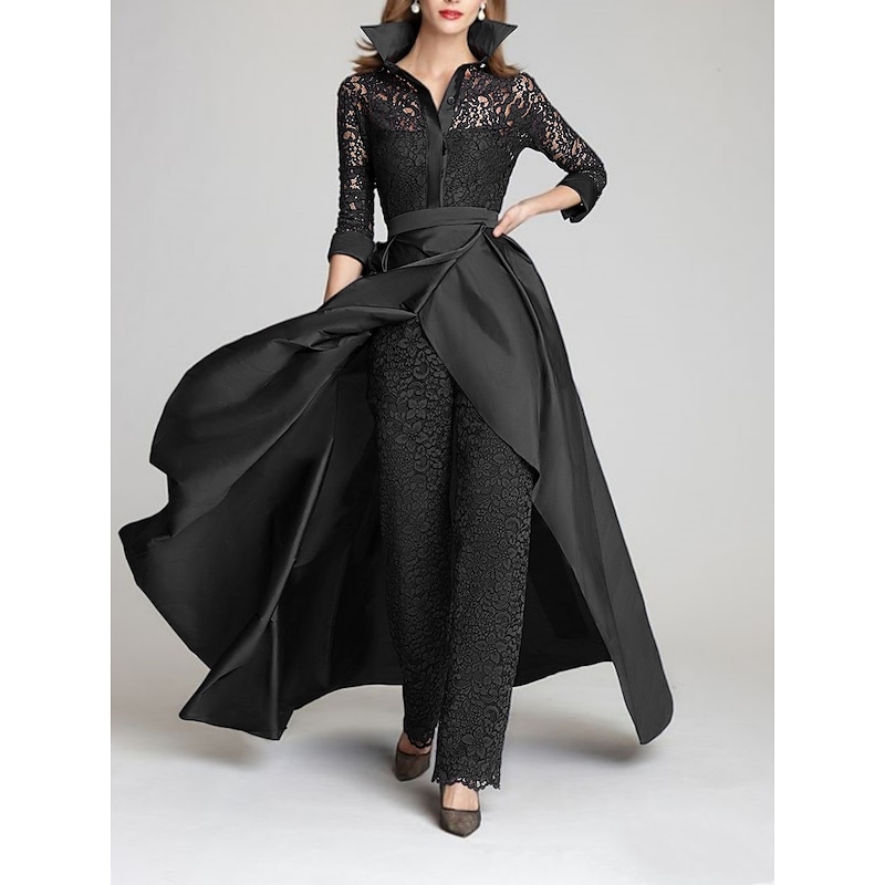 Jumpsuit Mother of the Bride  Formal Wedding Guest Vintage Party Shirt Collar Floor Length Satin Lace 3/4 Length Sleeve with Ruching