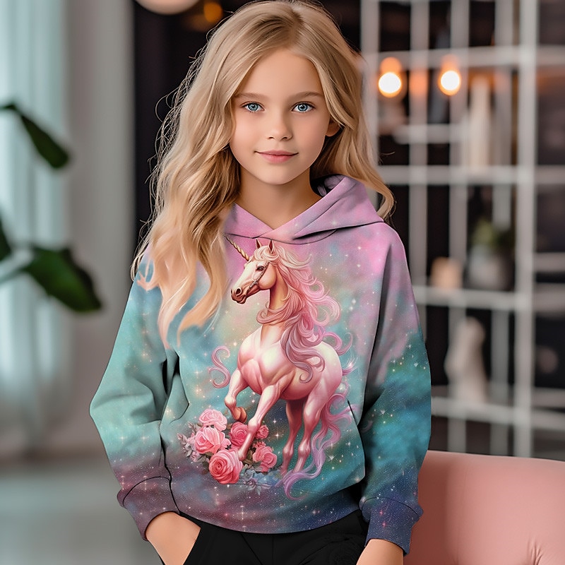 Girls' 3D Unicorn Hoodie Pullover Long Sleeve 3D Print Fall Winter Active Fashion Cute Polyester Kids 3-12 Years Outdoor Casual Daily Regular Fit - Main Image