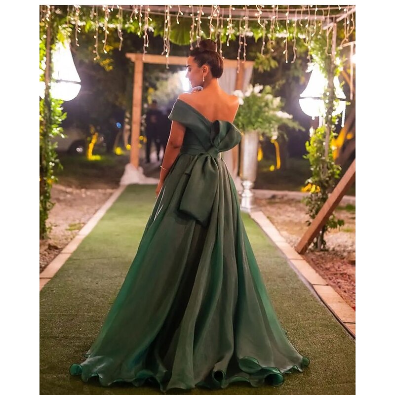 A-Line Evening Gown Dress Wedding Guest Prom Sweep / Brush Train Short Sleeve One Shoulder Organza with Ruched Slit2