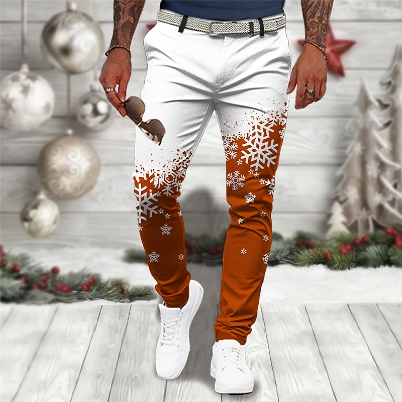 Christmas Men's Christmas Scene Printed Pants Snowflake Casual 3D Print Trousers Outdoor Street Going out Polyester Wine Black Blue S M L Mid Waist Elasticity Pants3