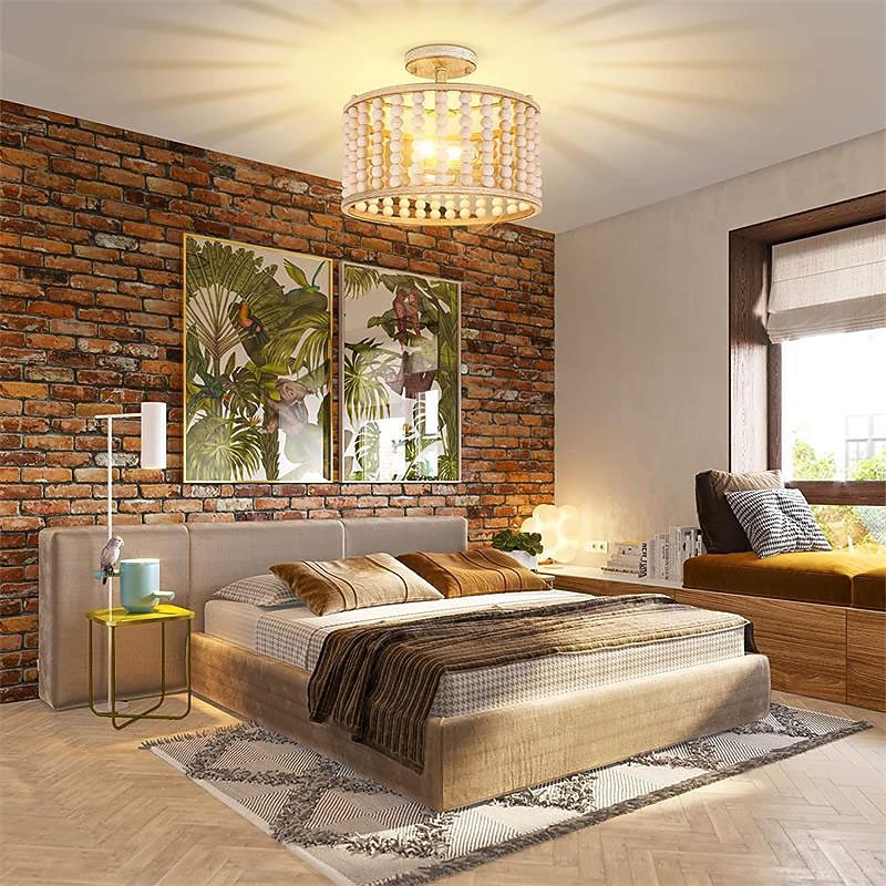 Bohemian Farmhouse Chandelier Wood Beaded Ceiling Light Fixture, Rustic Semi Flush Mount Ceiling Light Fixture, Black 2-Light Nursery Chandelier for Kitchen Island Foyer Hallway Bedroom Living Room, E26 Base 110-240V3