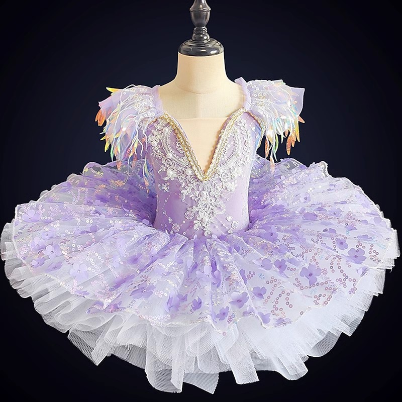 Kids' Dancewear Ballet Dance Costumes Dress Pearls Splicing Paillette Girls' Performance Party Short Sleeve Spandex4