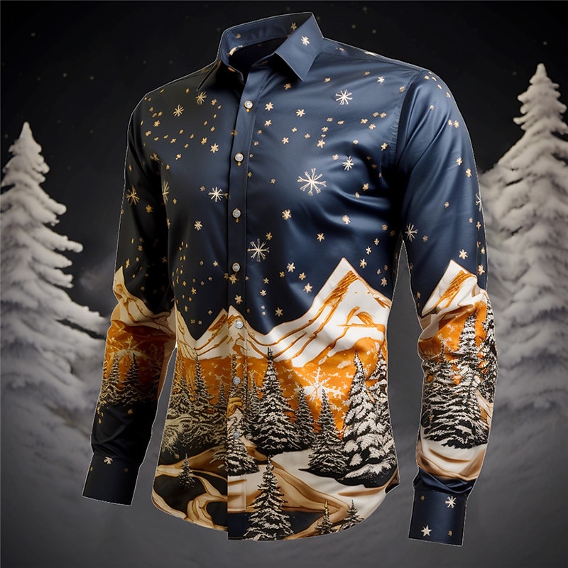 Men's Christmas Tree Mountain Christmas Scene Shirt Summer Hawaiian Shirt Long Sleeve Shirt Turndown Casual Christmas Outdoor Street Black Yellow Dark Navy S M L