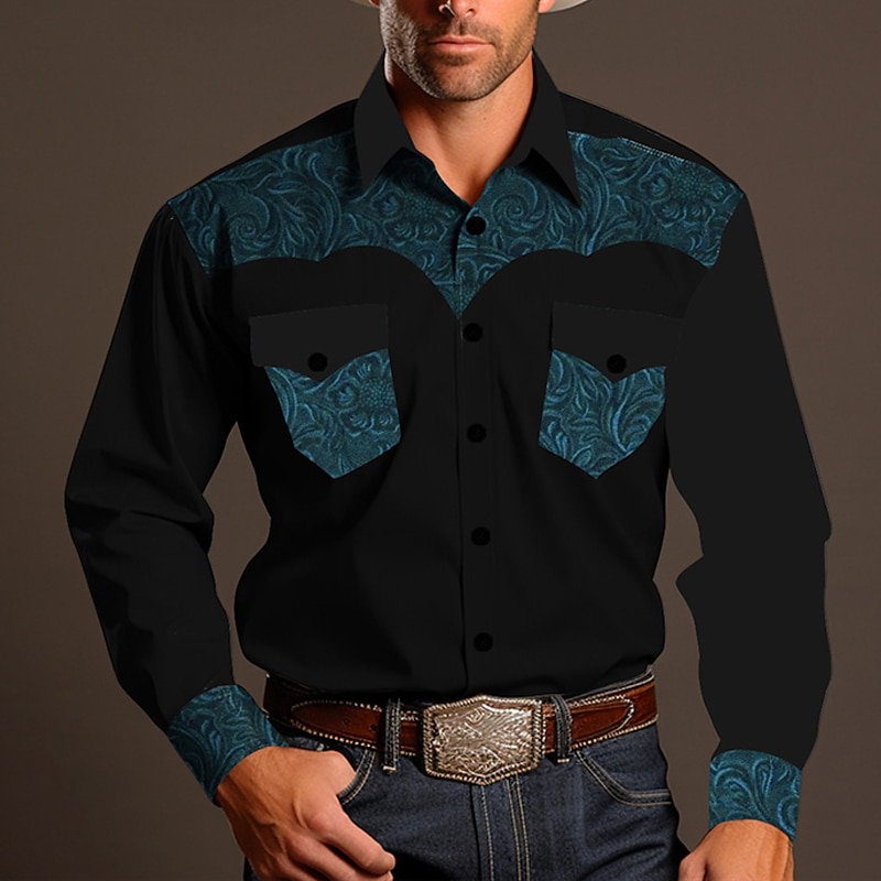 Men's Shirt Western Shirt Cowboy Shirt Long Sleeve Vintage Western Style Outdoor Street Casual Daily Fall & Winter Turndown Buttons Print Blue Brown2