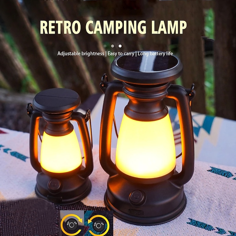 New Retro Lamp Tri-Color Led Stepless Dimming Light Source Portable Hanging Solar Charging USB Camping Outdoor Lighting 1PC2