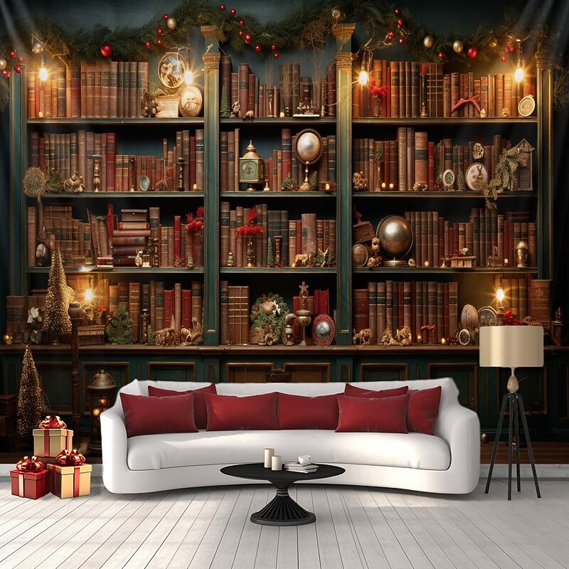 Christmas Decorations Tree Bookshelf Hanging Tapestry Wall Art Xmas Large Tapestry Mural Decor Photograph Backdrop Blanket Curtain Home Bedroom Living Room Decoration3