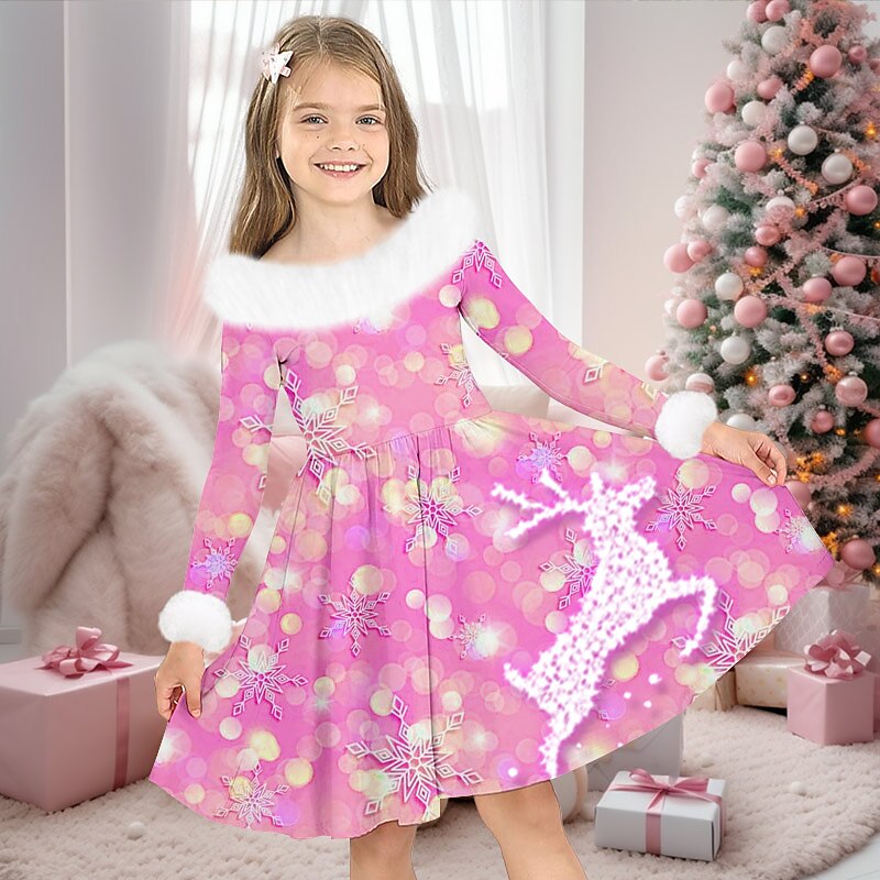Girls' 3D Santa Claus Snowman Snowflake Dress Long Sleeve 3D Print Fall Winter Sports & Outdoor Daily Holiday Cute Casual Beautiful Kids 3-12 Years Casual Dress Swing Dress A Line Dress Above Knee4