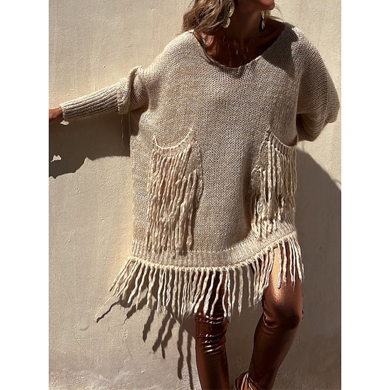 Women's Pullover Sweater Jumper Fashion Streetwear Casual Solid Color Ribbed Crew Neck Pocket Tassel Knitted Long Sleeve Long Tops Knit Outdoor Daily Going out Camel Green Fall Winter4