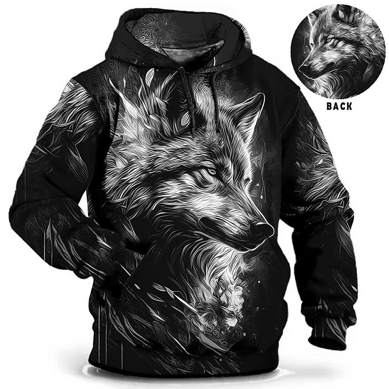 Men's Animal Wolf Graphic Prints Hoodie Hoodies Sweatshirt Daily Classic Long Sleeve Hooded Holiday Going out Streetwear Red Blue Print Spring &  Fall Designer4