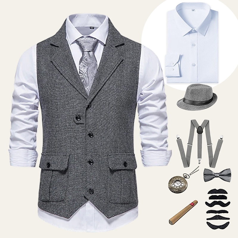 Retro Vintage Roaring 20s 1920s Outfits Shirt Waistcoat Normal Gentleman Gangster Solid Color Fancy Dress Men's Halloween Carnival New Year Party / Evening Prom Bachelorette Party Adults' Vest Shirt