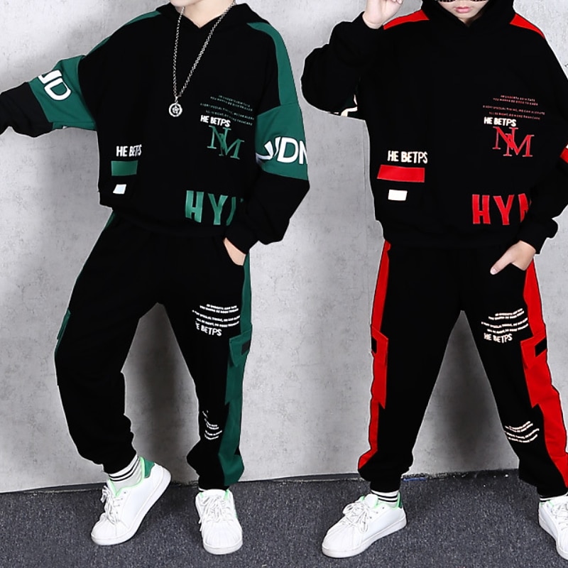 2 Pieces Kids Boys Hoodie & Pants Outfit Graphic Letter Long Sleeve Pocket Set Outdoor Fashion Cool Spring Fall 7-13 Years Black Dark Green2