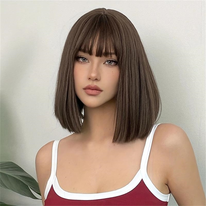 Brown 14 Inch Bob Short Straight Hair Wigs With Bangs Cute Synthetic Fiber Women's Wigs For Daily Halloween Party Cosplay Use Christmas Party Wigs3