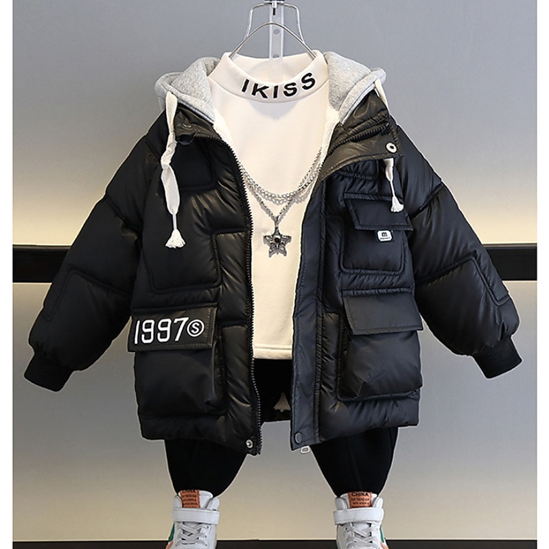 Kids Boys Fleece Jacket Hoodie Jacket Outerwear Kids Puffer Jacket Letter Long Sleeve Zipper Coat Outdoor Cotton Adorable Daily Black khaki Spring Fall 7-13 Years2