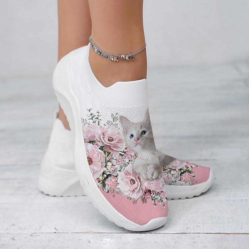 Women's Adorable Kitten Floral Sneakers – Breathable Casual Slip-On Shoes with Cute Cat Print, Perfect for Daily Comfort and Style3