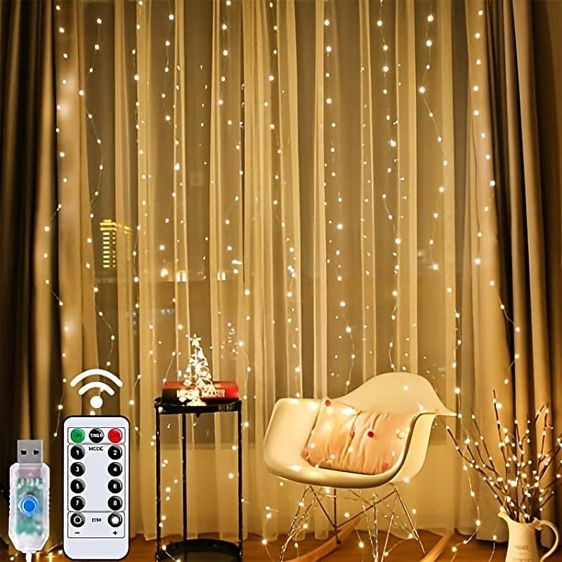 1pc Curtain Light 300 LEDs Window String Light Christmas Wedding Party Decorations, Warm White4