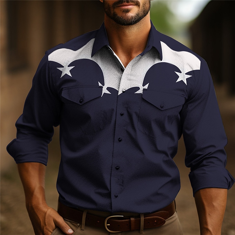 Men's Star Shirt Western Shirt Cowboy Shirt Long Sleeve Casual Outdoor Street Casual Daily Fall & Winter Turndown Buttons Print Black Burgundy Dark Navy Sky Blue Olive
