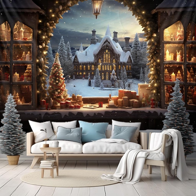 Christmas Decorations Snow White Winter Wonderland Hanging Tapestry Castle Wall Art Xmas Large Tapestry Mural Decor Photograph Backdrop Blanket Curtain Home Bedroom Living Room Decoration Window View