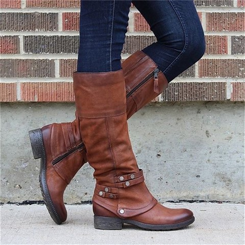 Women's Vintage Faux Leather Knee-High Riding Boots with Side Zipper and Decorative Straps – Perfect for Casual and Outdoor Wear