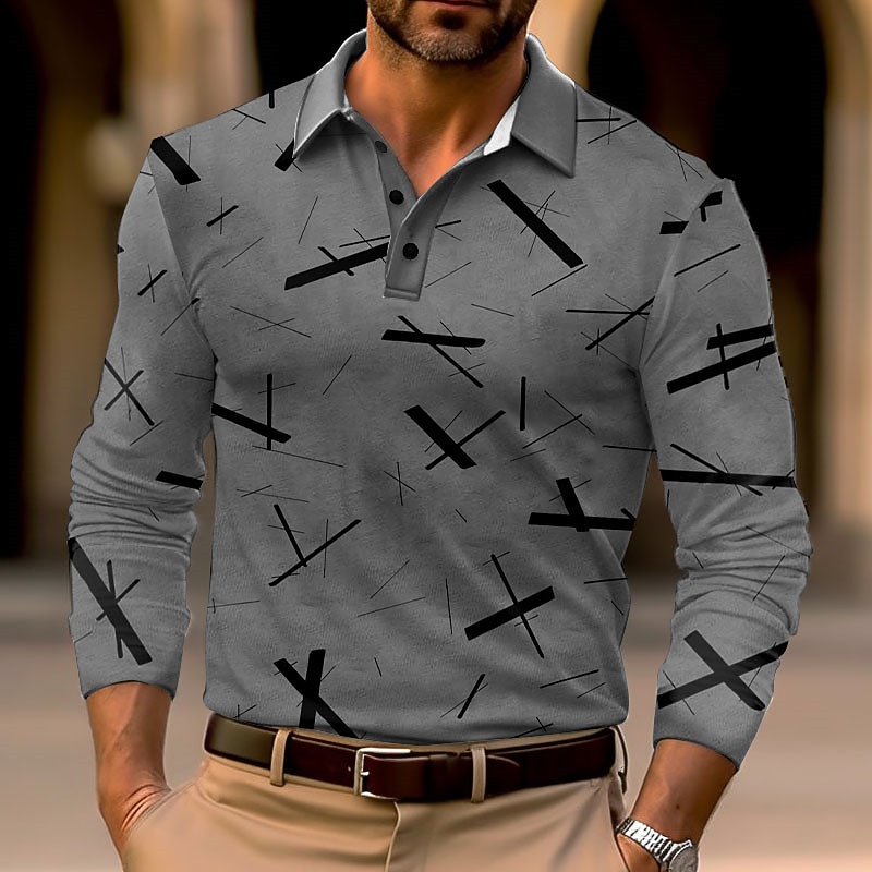 Men's Geometric Polo Shirts Golf Shirt Long Sleeve Polo Shirts Collared Shirts Business Casual WorkWear Formal Wear Festival Wear 3D Print Buttons Fall & Winter Blue Green Khaki4