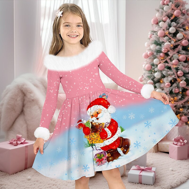 Girls' 3D Santa Claus Snowman Snowflake Dress Long Sleeve 3D Print Fall Winter Sports & Outdoor Daily Holiday Cute Casual Beautiful Kids 3-12 Years Casual Dress Swing Dress A Line Dress Above Knee3