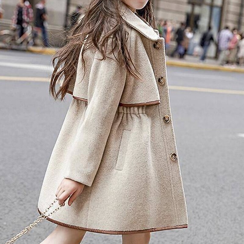 Kids Girls' Woolen Coat Long Sleeve off white Solid Color Spring Fall Active School 7-13 Years4