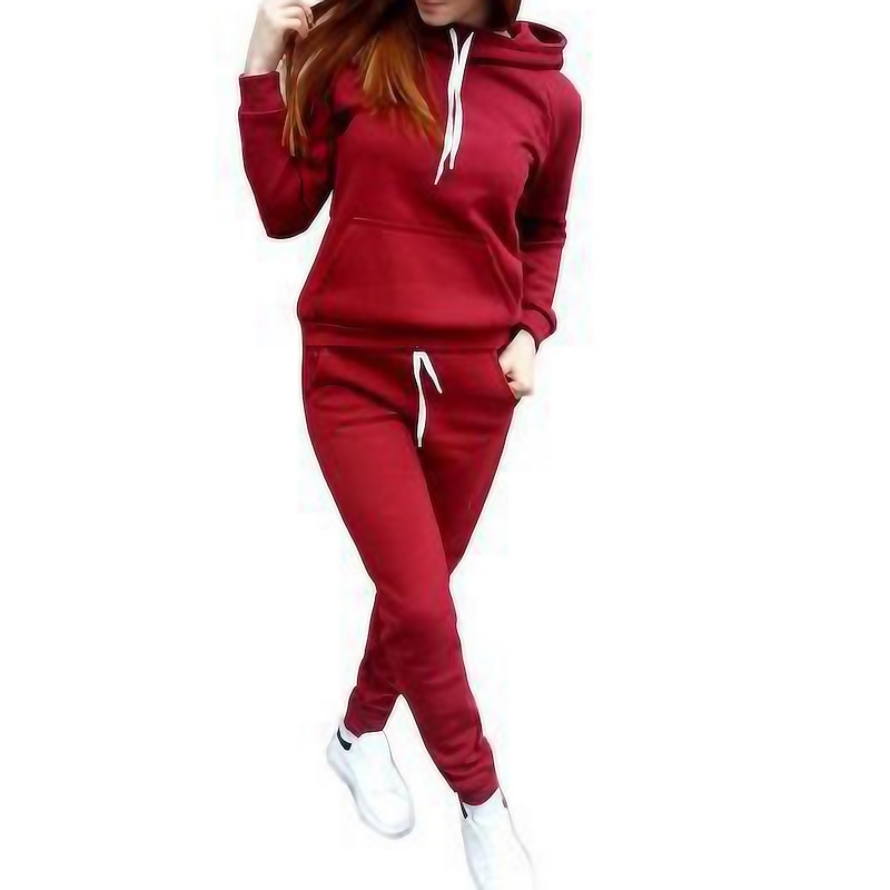 Women's Warm Sports Hoodie Tracksuit Pants Sets Joggers Pants Trousers Long Sleeve Hooded Solid Color Drawstring Outdoor Casual Black Pink Wine Fall & Winter Regular Fit
