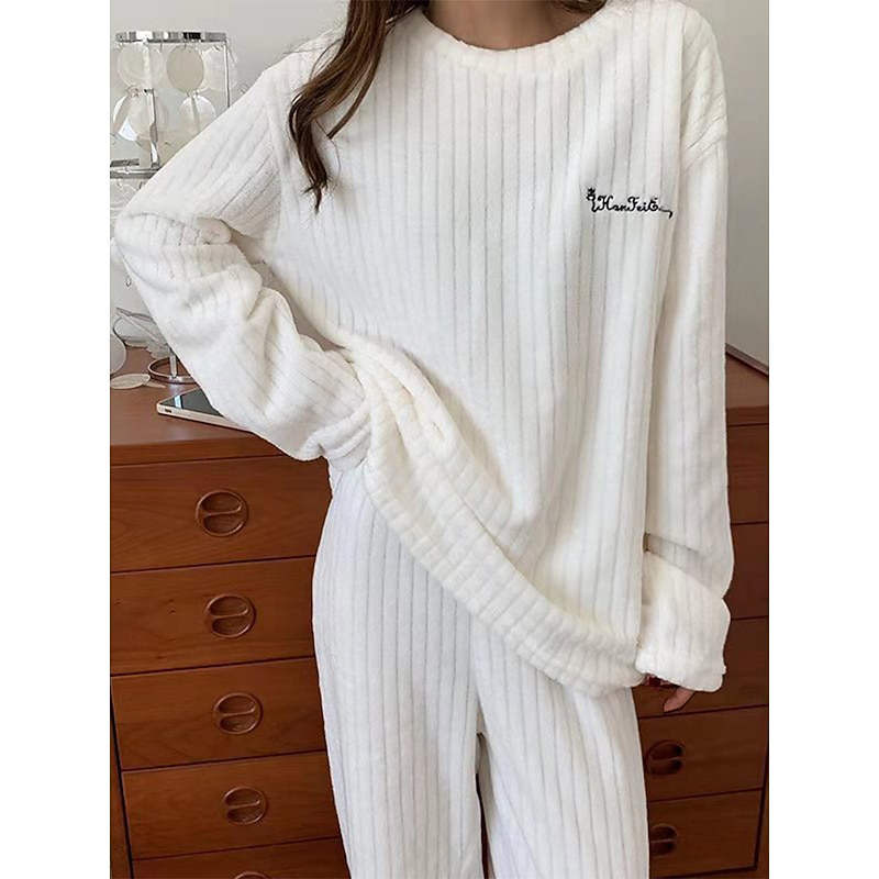 Women's Pajamas Sets Letter Plush Casual Comfort Home Daily Bed Coral Fleece Coral Velvet Warm Crew Neck Long Sleeve Pullover Pant Elastic Waist Fall Winter Light Pink White Home Outfits