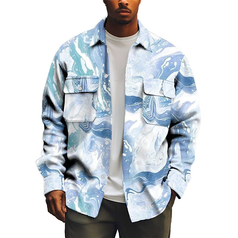 Men's Marble Gradient Ramp Shirt Shirt Jacket Overshirt Long Sleeve Casual Outdoor Street Casual Daily Fall & Winter Turndown Buttons Pocket Print Royal Blue Blue3
